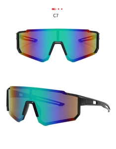 Dual view of sports sunglasses featuring rainbow lenses and black frame for cycling
