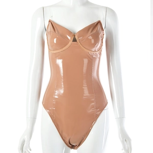 Sexy nude PU leather bodycon bodysuit with spaghetti straps and V-neckline for women