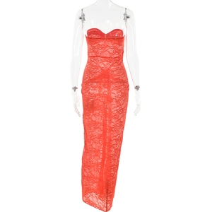 Detailed close-up of red lace bodice and mesh stitching on the slim fit maxi dress