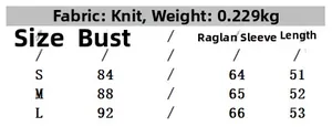 Detailed size chart for striped crewneck knit sweater showing S, M, L measurements