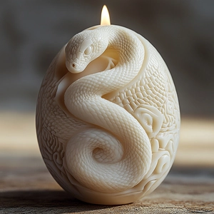 Macro shot of ivory egg-shaped candle with intricate snake relief and lit flame detail