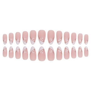 24pcs nude pink oval press-on nails with elegant diagonal gold striped design