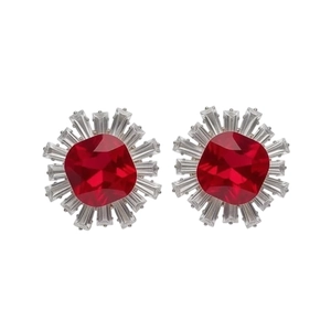 Vintage silver stud earrings with red cushion cut stone and radiating zircon halo