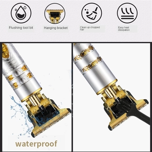 Detail showing waterproof trimmer blade being rinsed and cleaned with a small brush