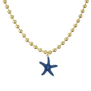 Gold plated ocean style necklace with a vibrant blue starfish enamel pendant on white