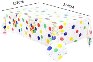 Detail showing 137x274cm rectangle disposable table cover with colorful balloons and confetti