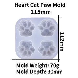 Cat paw heart silicone mold dimensions showing 115x112x30mm size and four-cavity design