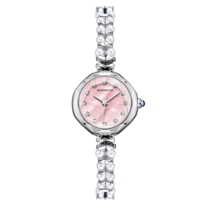Detail of luxury women's watch with pink mother-of-pearl dial and pearl crystal strap