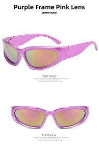 Front and side view of Y2K steampunk sunglasses with purple frames and pink gold lenses