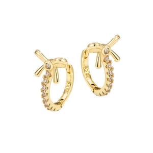 Elegant gold S925 silver bow earrings with micro-set zircon stones on white background