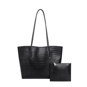 Black crocodile pattern tote bag set with matching inner pouch on white background