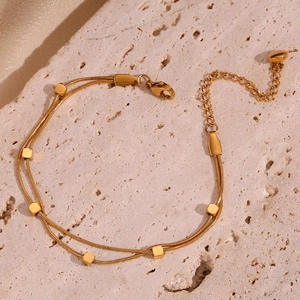 Minimalist 18K gold plated double layer snake chain bracelet with cubes