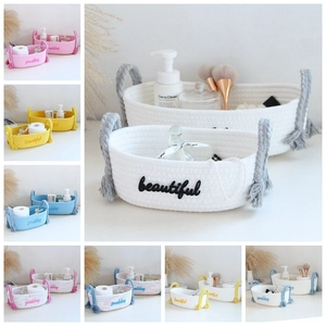 Cotton Rope Woven Storage Basket Desktop Organizer Bin With Tassel Handles Embroidery Decor Nordic Style