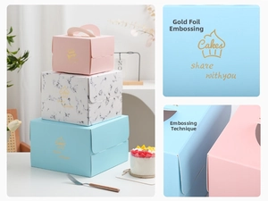 Close-up of gold stamping and embossed details on colorful portable cake gift boxes