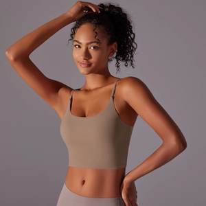 Detailed view of the khaki yoga tank top featuring slim fit tailoring and thin shoulder straps