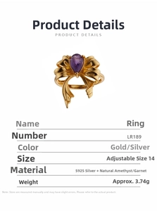 Detailed specification of S925 silver bow ring featuring a pear-shaped purple gemstone
