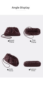Multi-angle views of the burgundy woven leather cloud bag with a slim strap