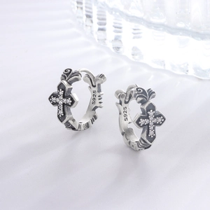 S925 sterling silver vintage cross hoop earrings with inlaid cubic zirconia crystals