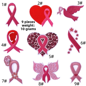 Detailed embroidery patch collection featuring nine pink ribbon and heart designs
