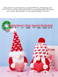 Close-up of Valentine gnome plush dolls with heart patterns on pink and blue background