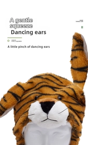 Detail of tiger pattern plush airbag hat with interactive moving ears for children
