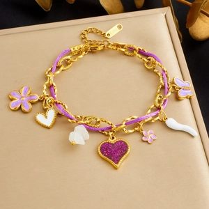 Purple Butterfly Flower Heart Charm Bracelet Stainless Steel Gold Chain Woven Rope Korean Sweet Fashion Women