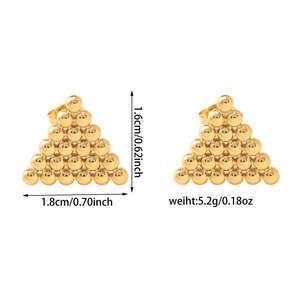 Detailed view of golden triangle stud earrings with size and weight specifications