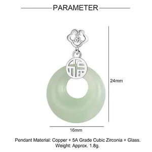 Detail of silver clover pendant with green glass, zircon stone and Chinese blessing symbol