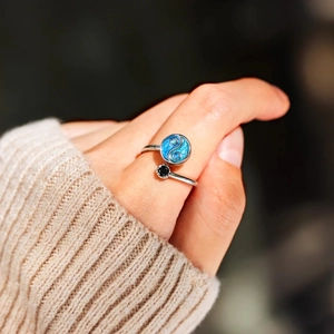 Adjustable S925 sterling silver Yin Yang ring with blue enamel and black zircon stone