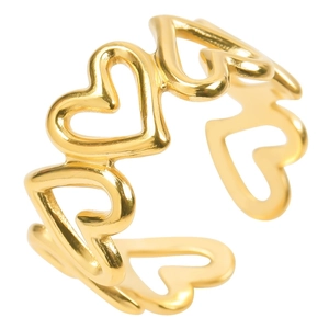 Adjustable golden stainless steel open ring with continuous hollow heart shapes