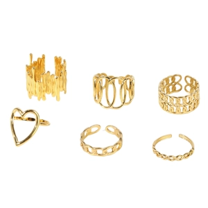 6-piece vintage 18k gold plated stainless steel ring set with heart and leaf designs