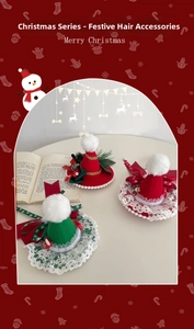 Detail of Christmas mini hat hair clips with lace, pompoms and silk bows in red and green
