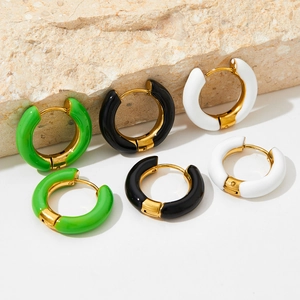 Three pairs of vintage round stainless steel enamel earrings in green, black, and white