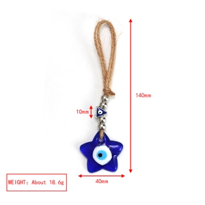 Detailed view of blue star-shaped evil eye pendant with natural rope and dimensions