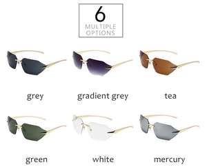 Overview of six color options for rimless geometric sunglasses with gold metal temples