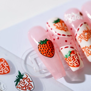 3D strawberry nail art stickers with translucent pink base and embossed glossy fruit patterns