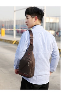 Detailed back view of a brown waterproof nylon crossbody bag worn by a male model outdoors
