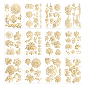 Set of 12 metallic gold henna mandala temporary tattoo stickers with floral and lace designs