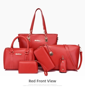 Detailed six-piece red leather handbag set with gold zippers and elegant metal logo