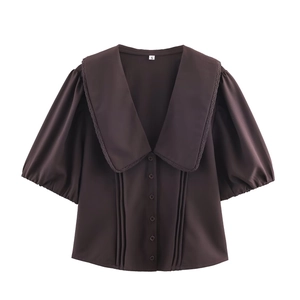 Women Vintage Coffee Short Puff Sleeve Blouse With Peter Pan Collar And Lace Trim Pin-Tuck Solid Color Button Up Top
