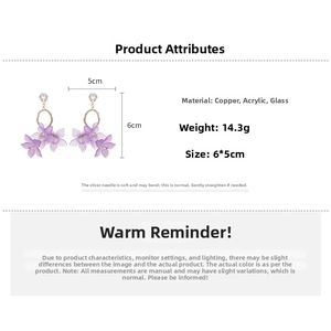 Detail view of purple flower earrings with clear dimensions and copper silver needle base