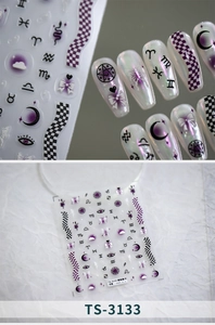 Macro view of TS-3133 nail stickers featuring purple constellation and butterfly motifs