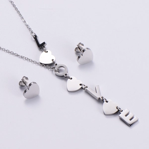 Silver metal jewelry set with LOVE letter heart necklace and stud earrings