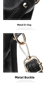 Detail shot of golden D-ring hardware and swivel clasp on black pebbled leather handbag