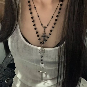Punk vintage black bead double layered necklace with cross and pentagram star pendants