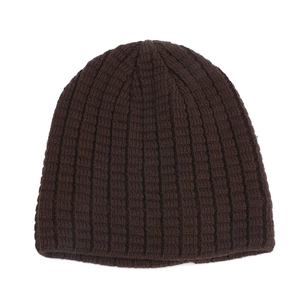 Close-up of deep brown beanie showing dense vertical ribbed knit texture and material detail