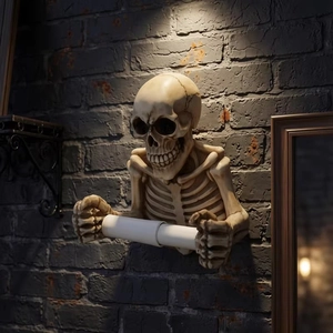 Gothic resin skull toilet paper holder wall-mounted on brick for Halloween decor