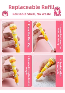 Detailed guide showing how to replace the eraser core in a yellow cartoon mechanical pen