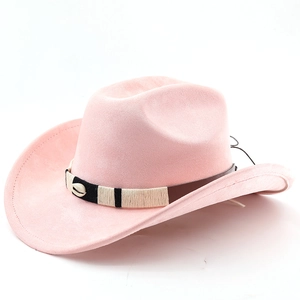 Pink western cowboy felt hat with black and white woven band and white shell detail