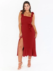 Elegant wine red square neck dress with tie straps and ruffled slit hem for women